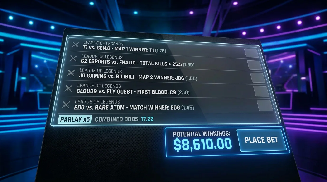 Boleto de apuesta combinada con multiples selecciones de partidos de LoL