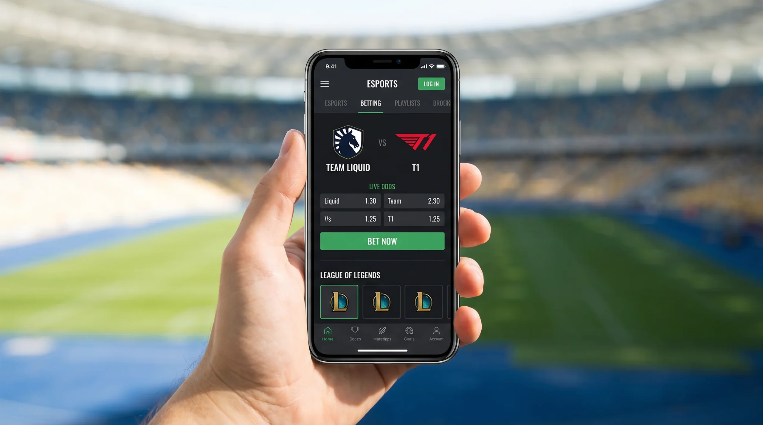 Mano sosteniendo smartphone con aplicacion de apuestas eSports abierta