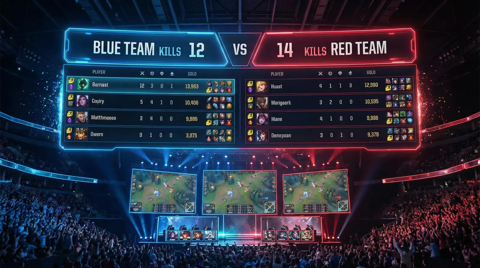 Marcador de partida de LoL mostrando contador de kills entre dos equipos