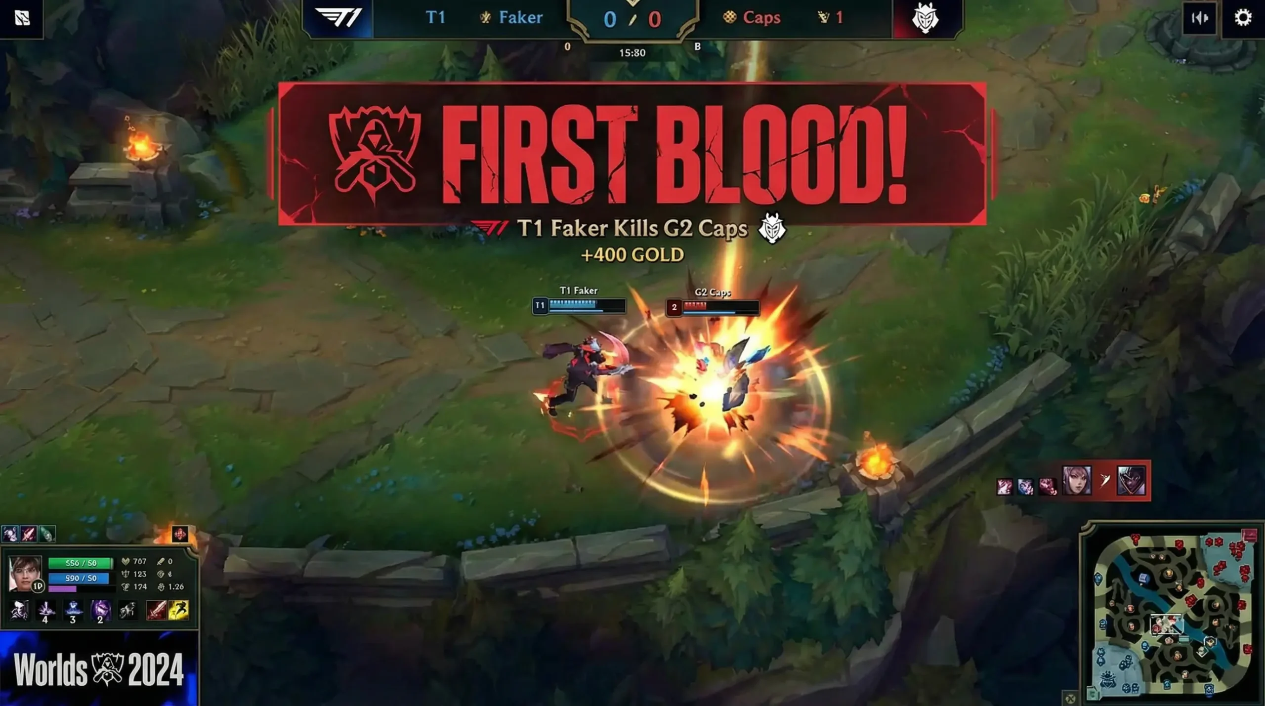 Momento de primera sangre en partida de LoL con notificacion en pantalla