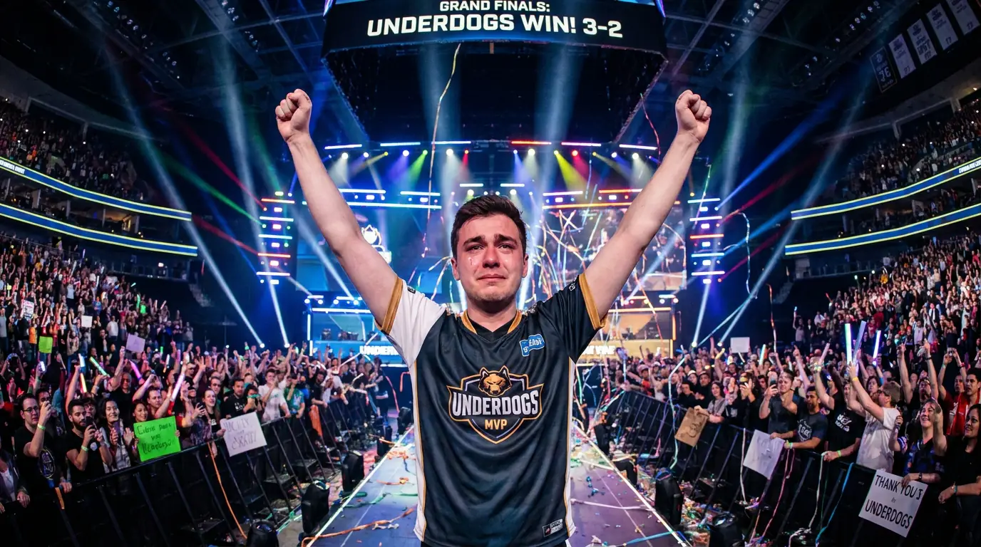 Jugador de eSports celebrando una victoria sorpresa con los brazos levantados