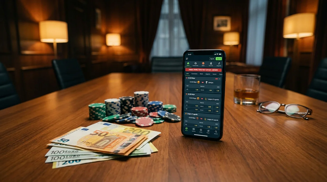 Fichas de casino y billetes de euro sobre una mesa junto a un smartphone mostrando cuotas de eSports