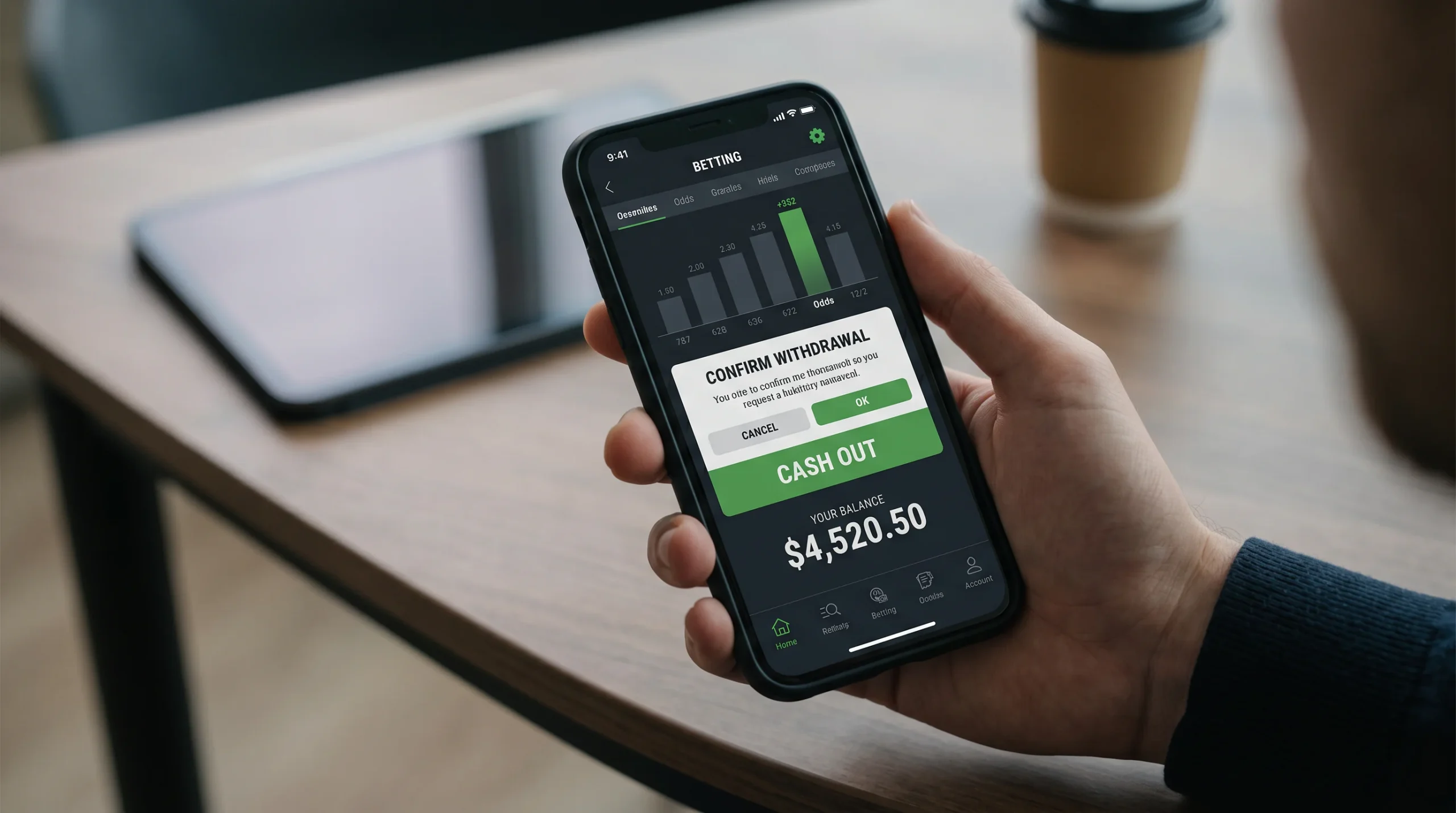 Boton de cash out en interfaz de aplicacion de apuestas con saldo visible