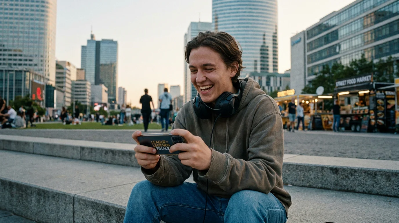 Joven adulto usando smartphone para ver eSports con auriculares gaming