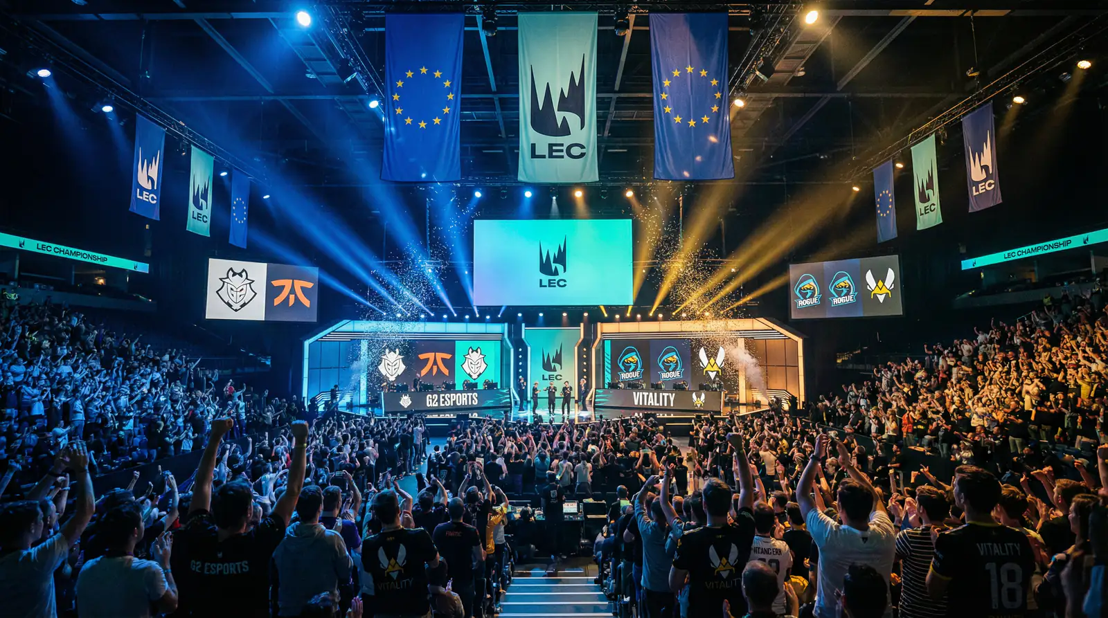 Escenario de competición de eSports europeo con banderas de la LEC
