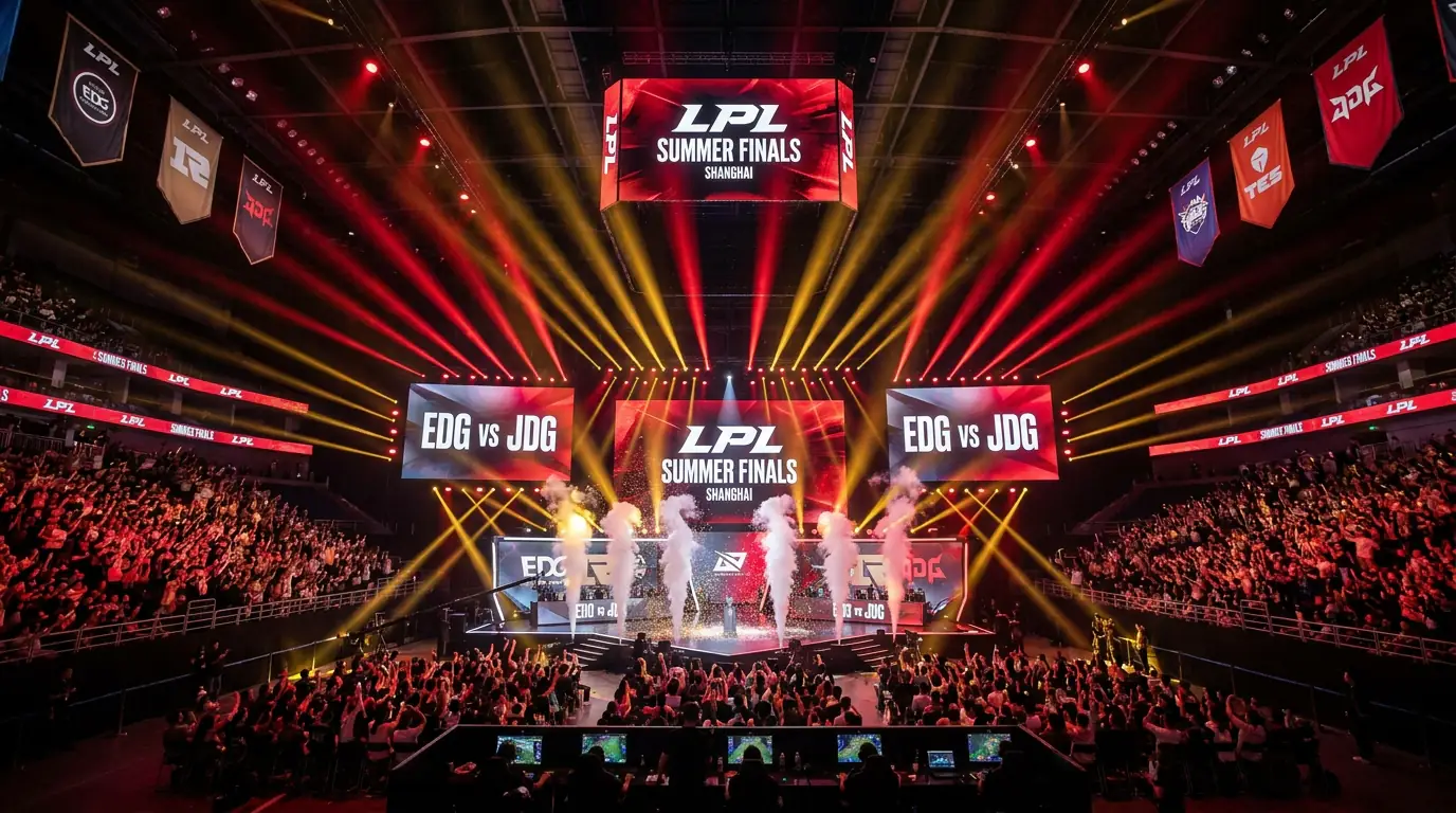 Escenario de competición de eSports en China con banderas de equipos LPL