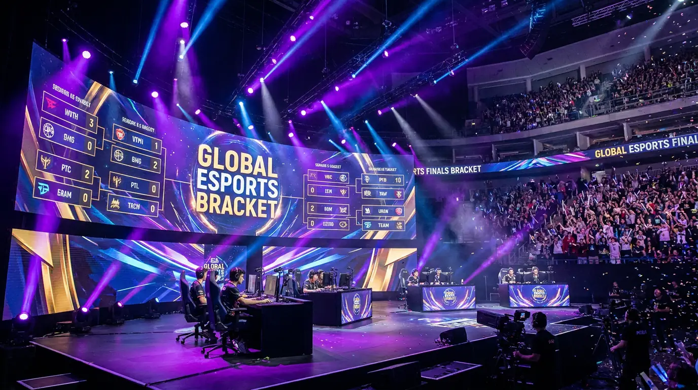 Escenario de campeonato de eSports con pantallas gigantes mostrando el bracket del torneo