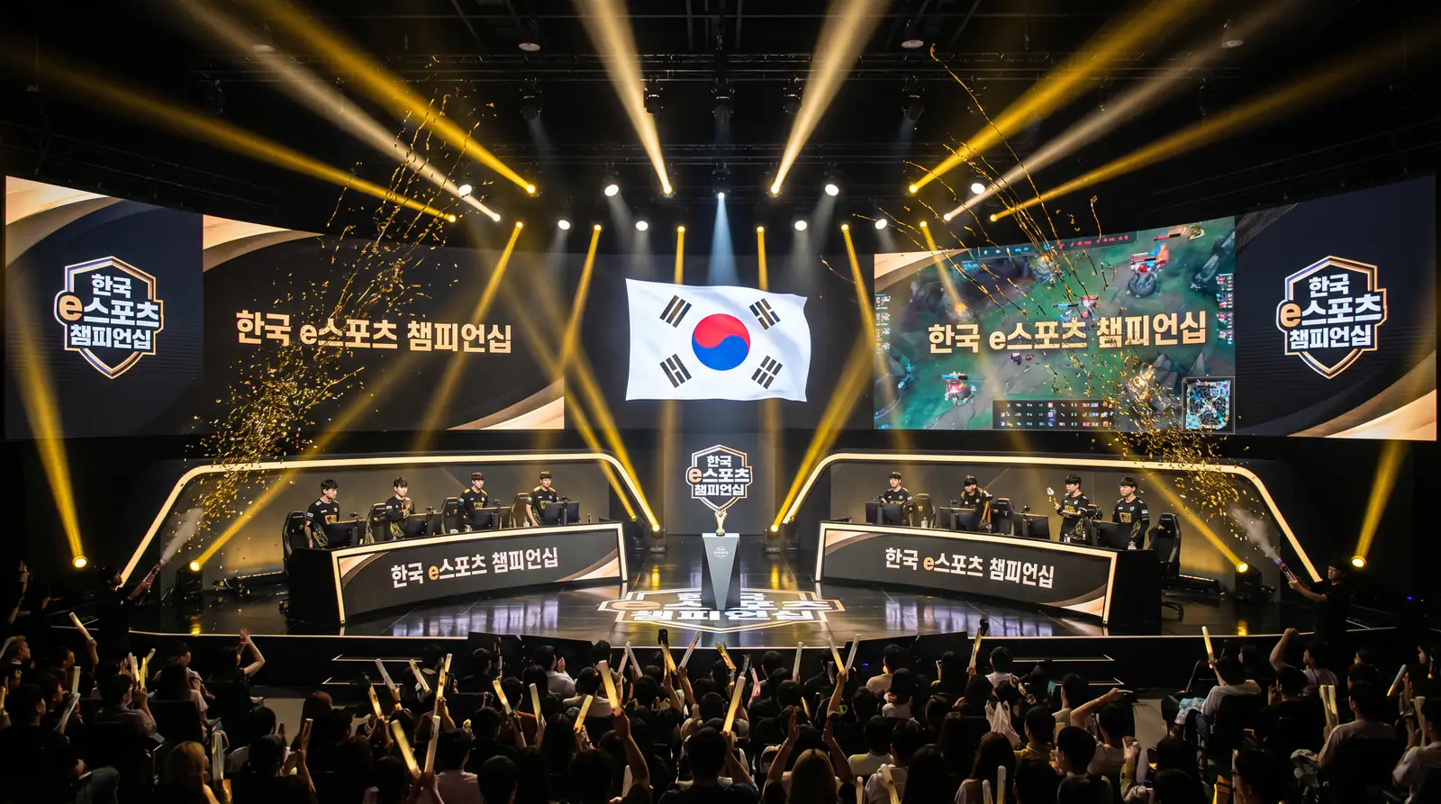 Escenario de competición de eSports con colores dorado y negro del equipo Gen.G