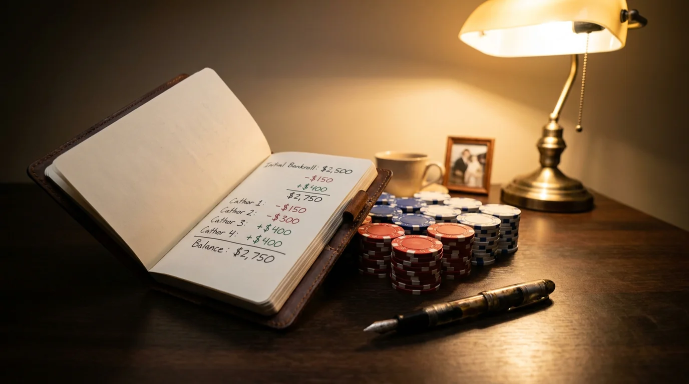 Libreta con calculos de bankroll junto a fichas de apuestas ordenadas