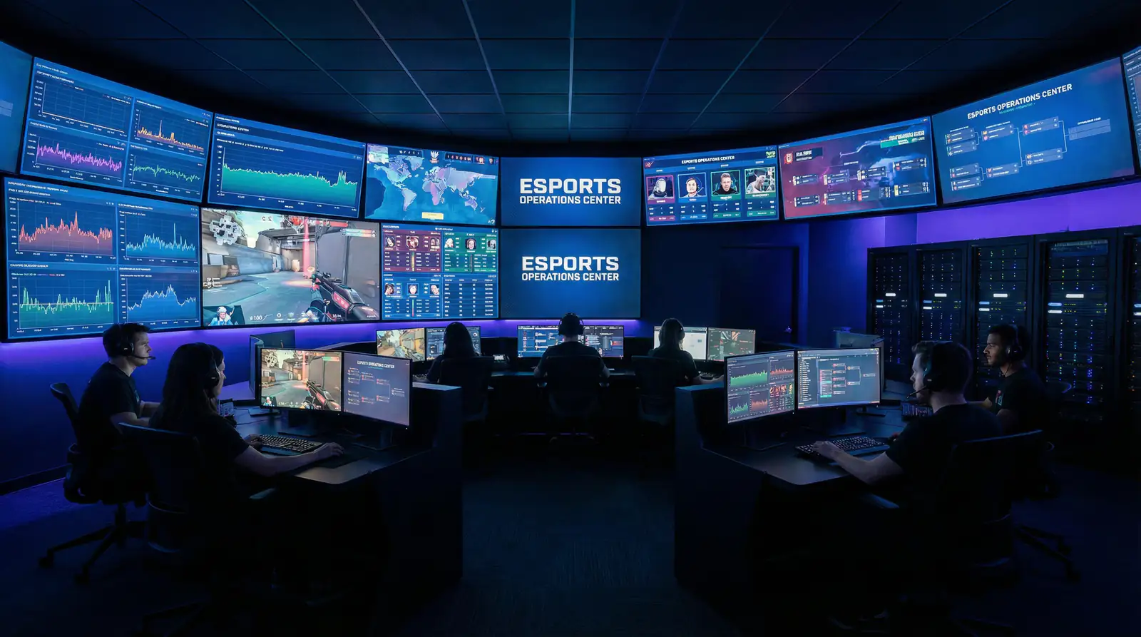 Centro de control con multiples monitores mostrando datos de partidos de eSports