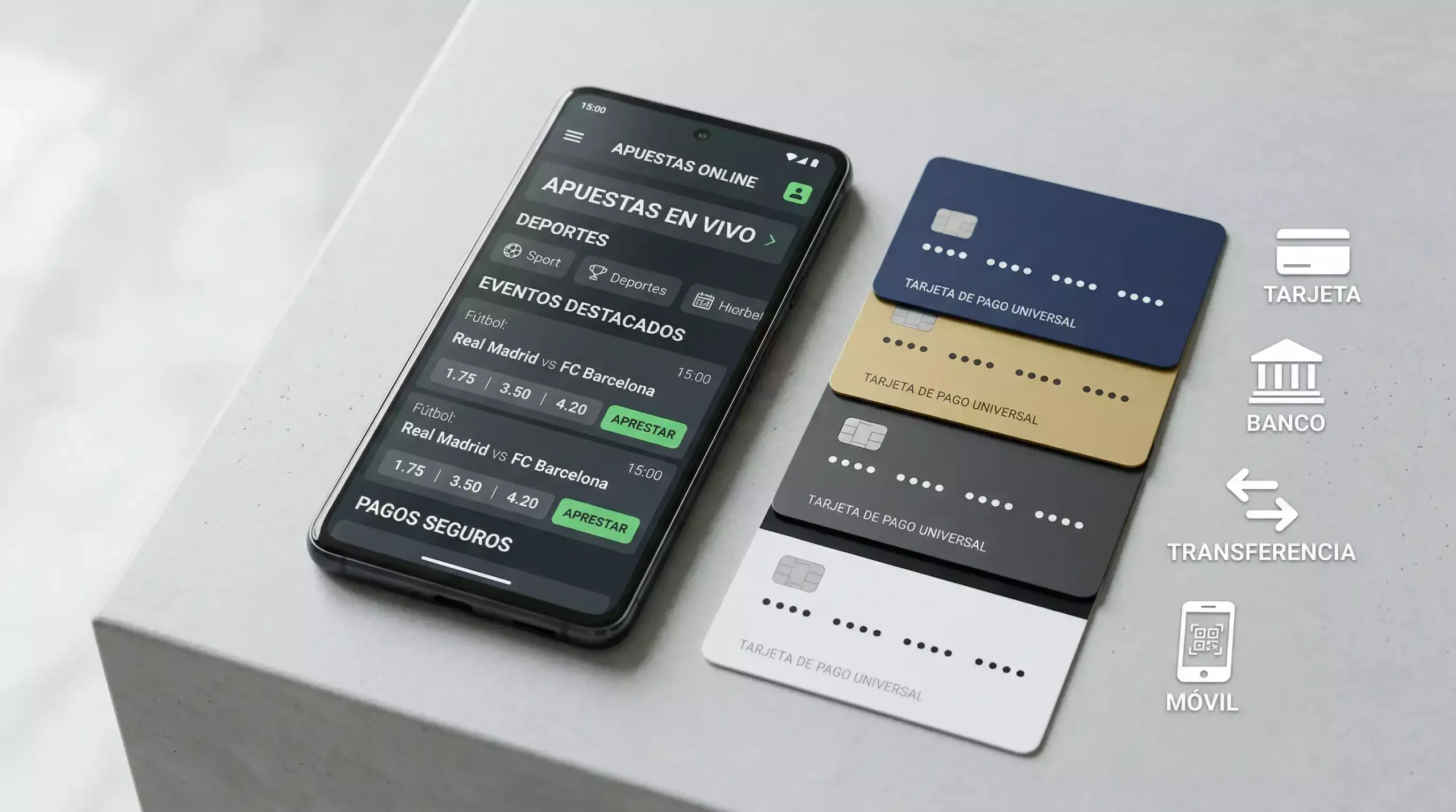 Tarjetas de crédito y logos de métodos de pago junto a smartphone con app de apuestas