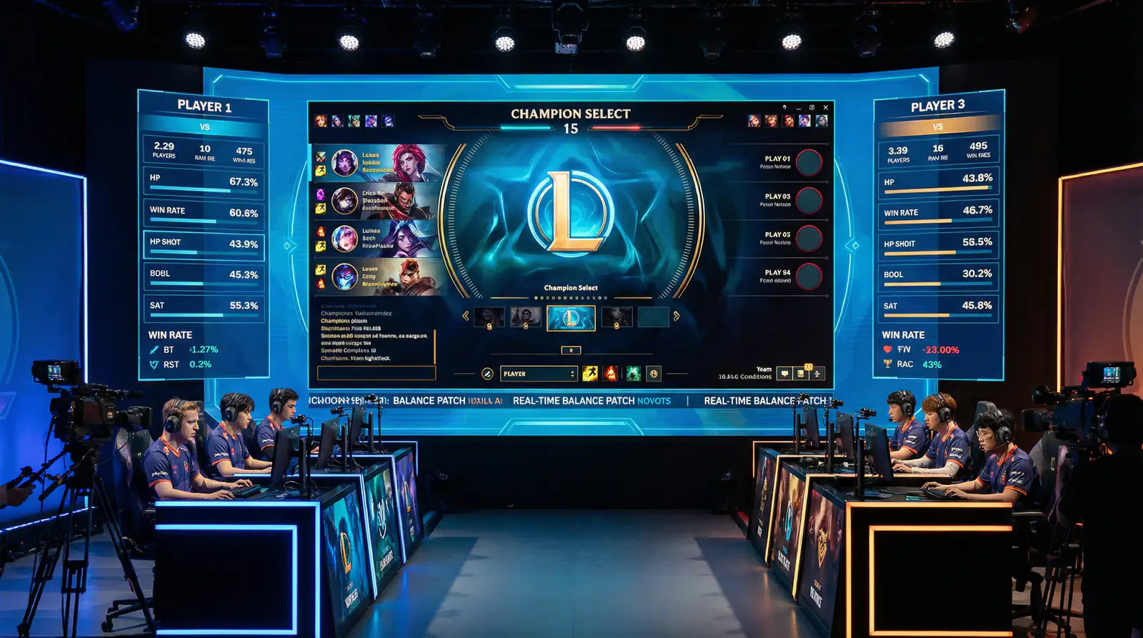 Pantalla de seleccion de campeones de League of Legends con estadisticas superpuestas