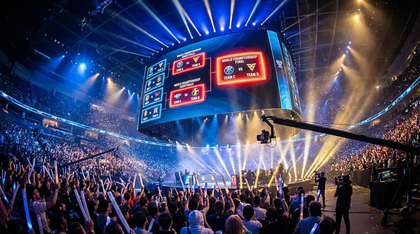 Bracket de playoffs de Worlds con semifinales y final en pantalla gigante