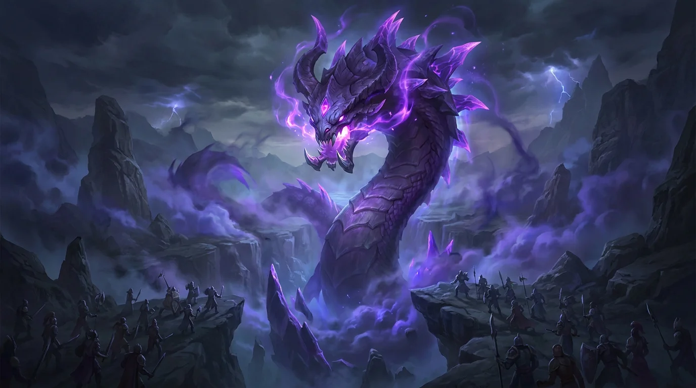 Baron Nashor de League of Legends emergiendo de su fosa con luz purpura