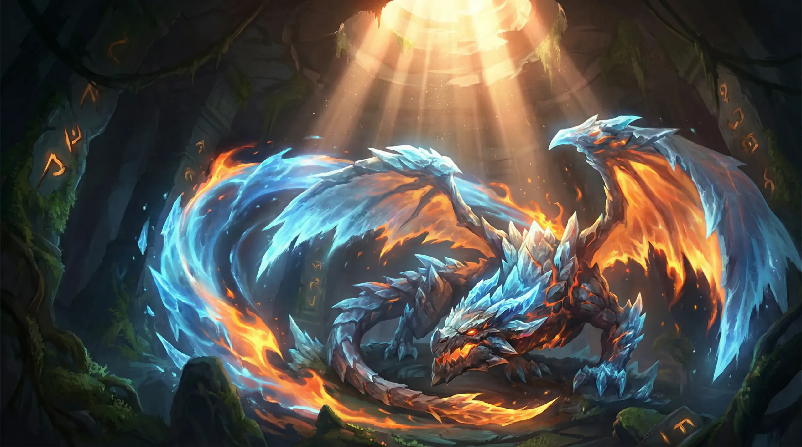 Dragon elemental de League of Legends en su fosa con efectos de fuego y hielo
