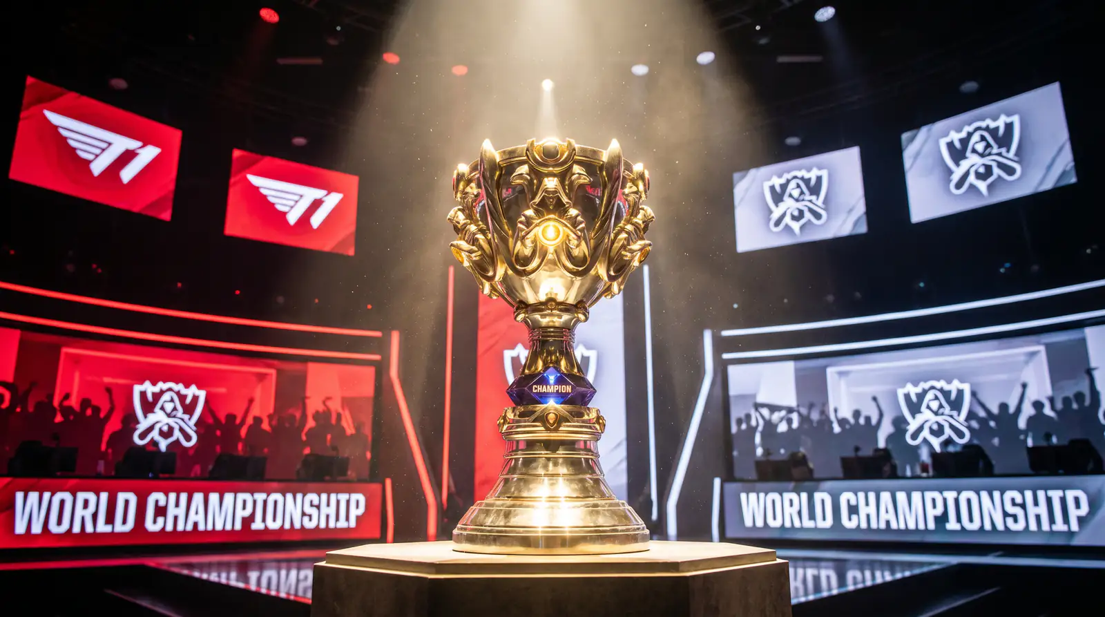 Trofeo dorado de campeonato de eSports sobre un pedestal con iluminacion dramatica