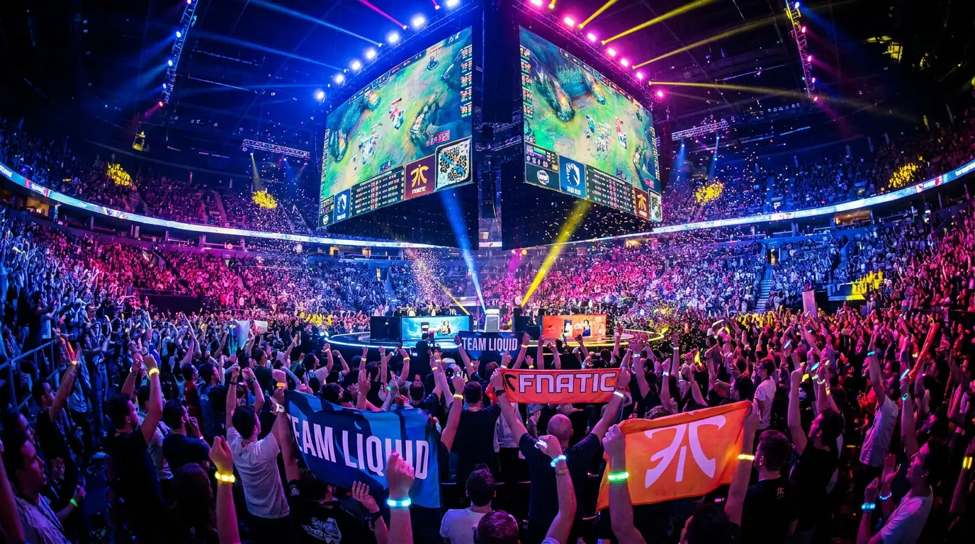 Multitud de aficionados viendo una pantalla gigante de eSports en un evento en vivo
